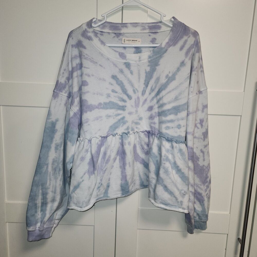 Lucky Brand Women Size MEDIUM Tie Dye Balloon Sleeve Oversized Peplum Sweatshirt